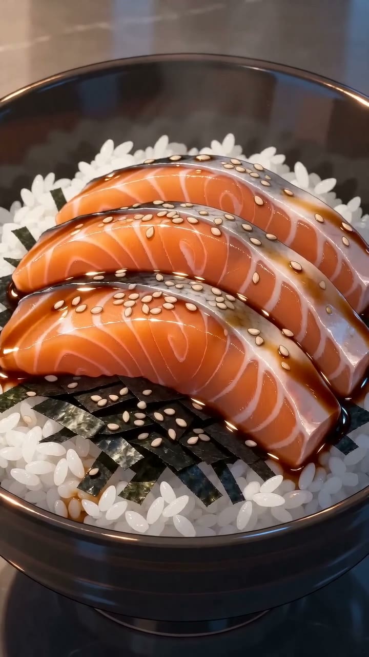 soy-marinated salmon rice bowl